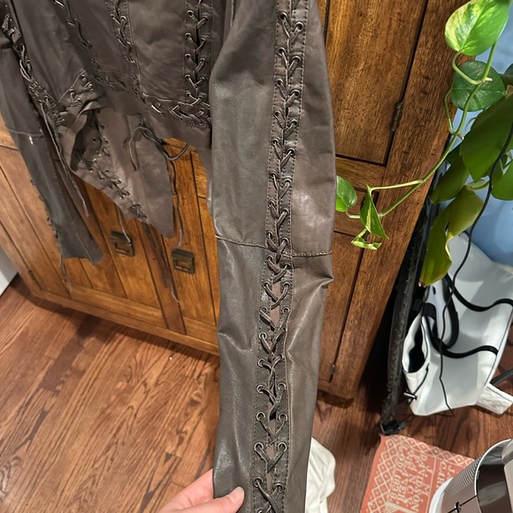 Muubaa Dark Brown Leather Jacket with Lace Detailing - Picture 4 of 6